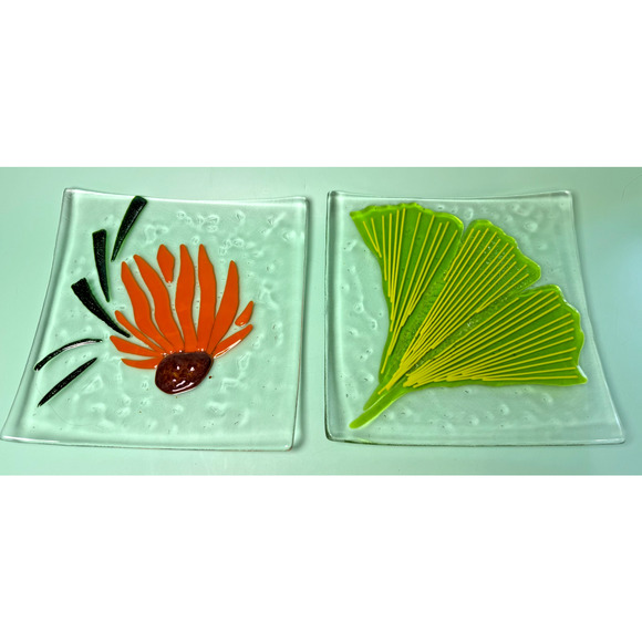 C Janowicz Other - Set Fused Art Glass Plates Trinket Dish Botanical Ginkgo Biloba Leaf C Janowicz